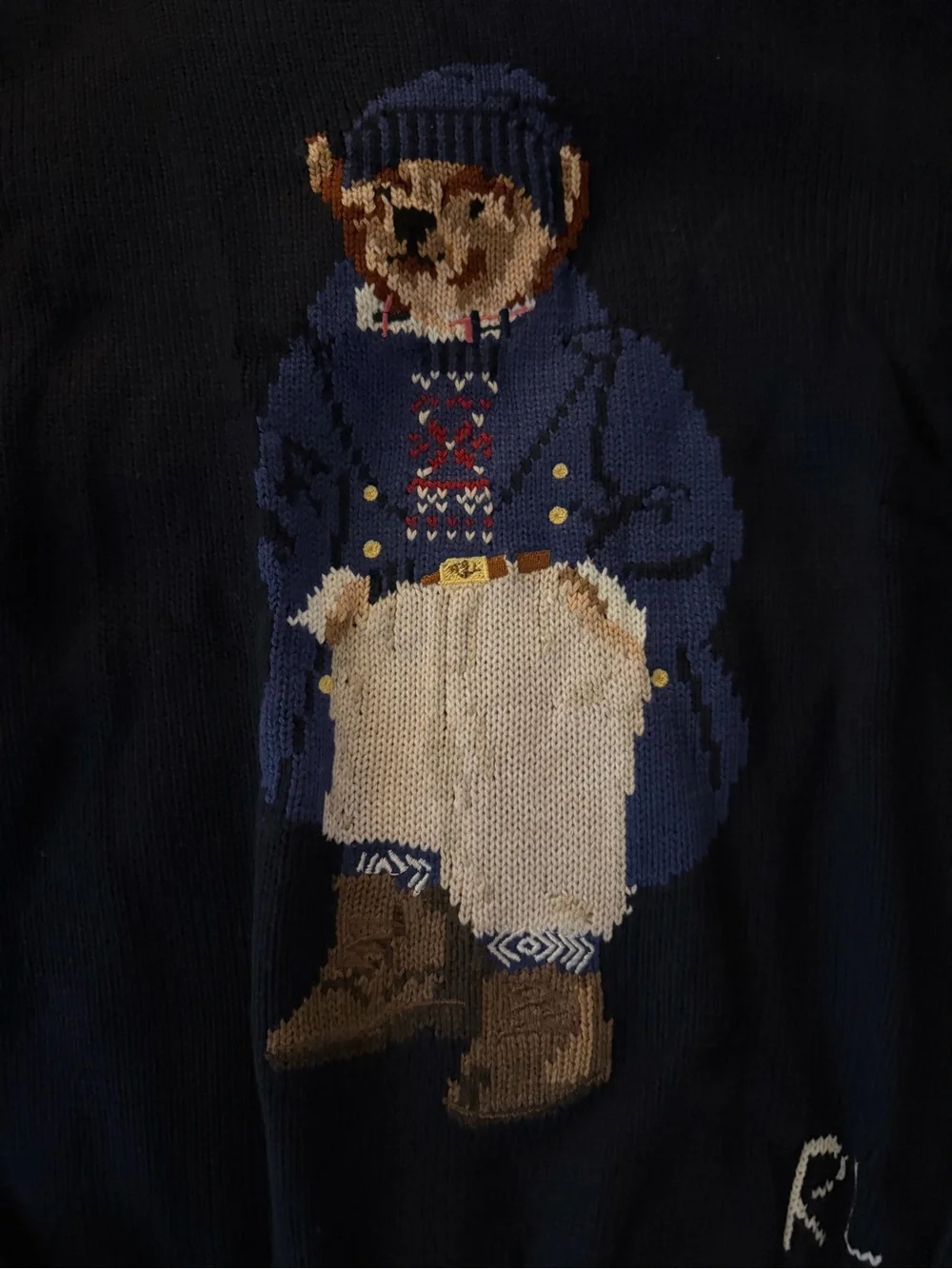 Polo by Ralph Lauren Navy Knit Bear Crewneck Sweater with Multicolor Motif